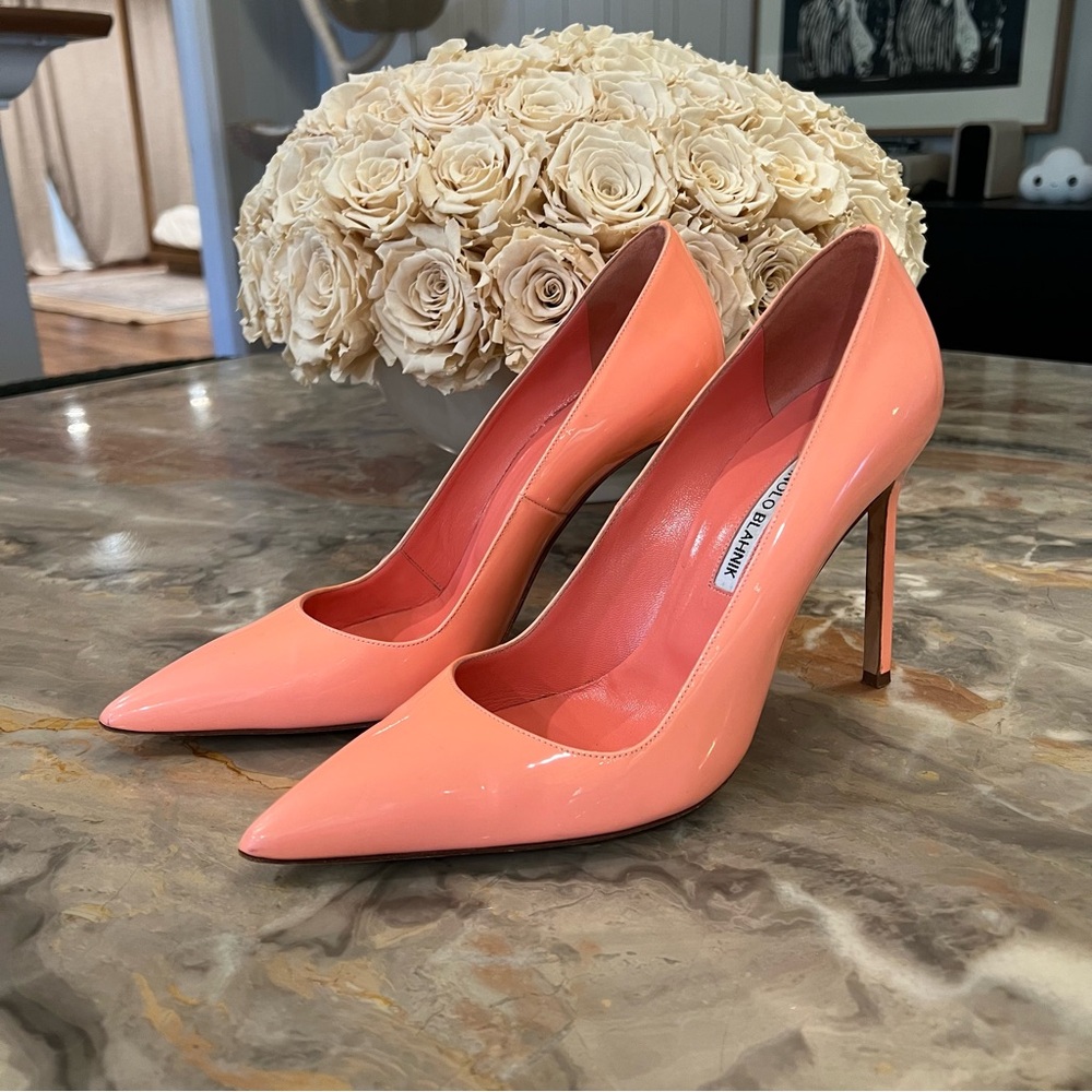 Manolo Blahnik Neon Coral Patent Leather Pumps